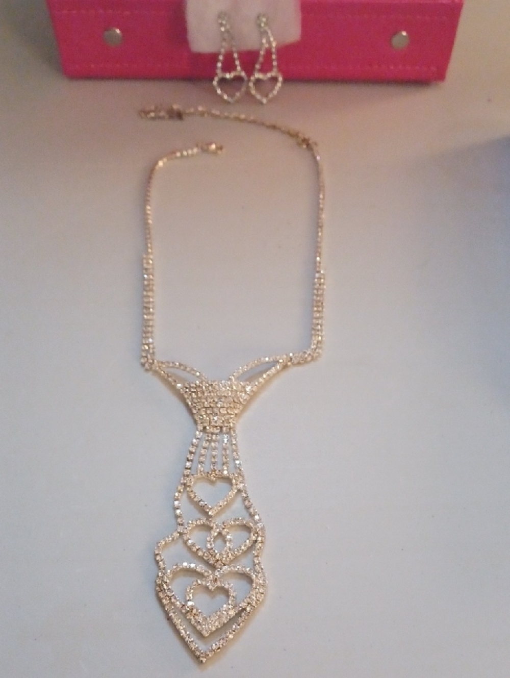 Necklace Earrings Elegant Heart Lace Tie Silver Tone Rhinestones Costume Jewelry